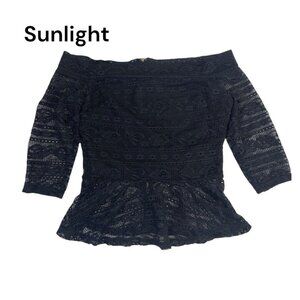 Bebe Women SZ S. Black Lace Peplum Top Blouse Off The Shoulder Gold Zipper Back